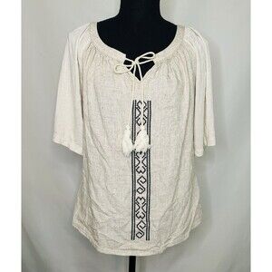 Kara Resort‎ Oat Beige 100% Linen Embroidered Flowy Split Sleeve Top Blouse L/XL
